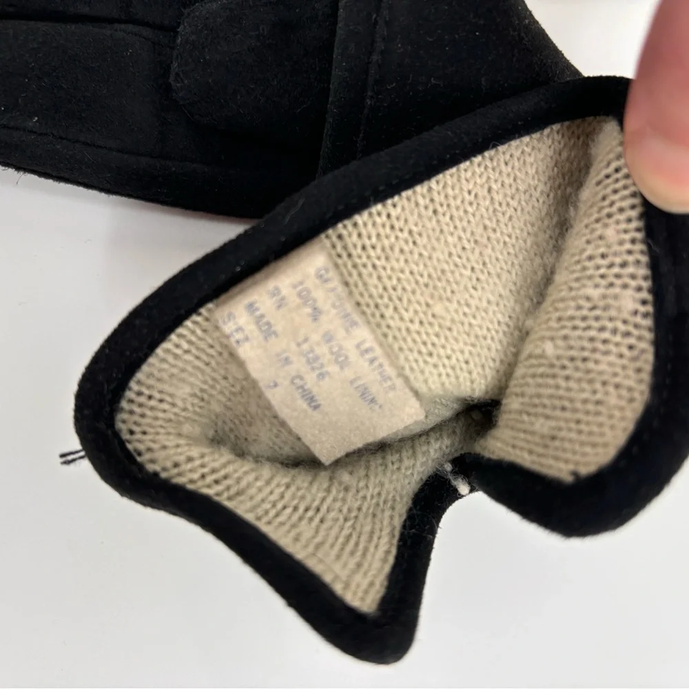 Vintage Black Suede Leather Gloves | 100% Genuine Suede | Wool Lined | Size 7